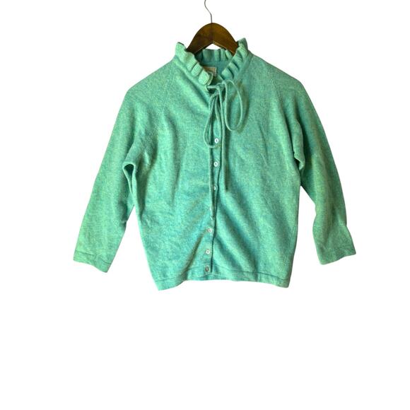 Vintage Stefano WPL 3156 Wool Blend Cardigan Aqua Blue Ruffle Neck - Picture 1 of 6